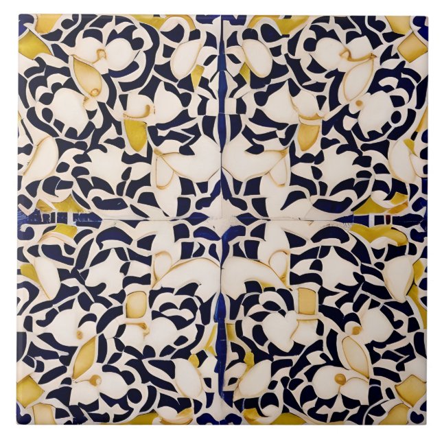 Azulejo De Cerâmica Estilo Espanhol Simulado Negro e Creme Mosaico (Frente)