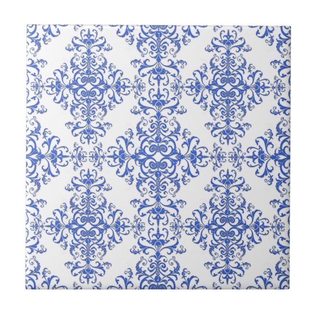 Azulejo De Cerâmica Estilo Floral Branco e Azul Cobalto Elegante (Frente)