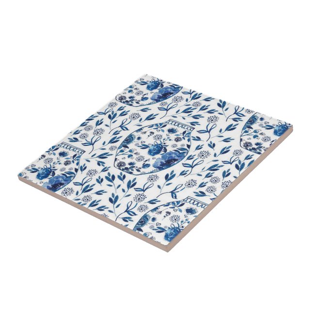 Azulejo De Cerâmica Estilo Floral de Chinoiserie Azul e Branco, pintad (Lateral)