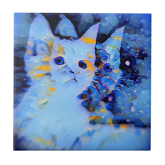 Azulejo De Cerâmica Estilo Impressionista Azul de Arte de Gato (Frente)