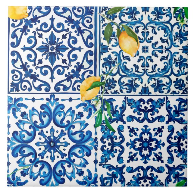 Azulejo De Cerâmica estilo italiano,Mediterrâneo,mosaico,azul,limão (Frente)