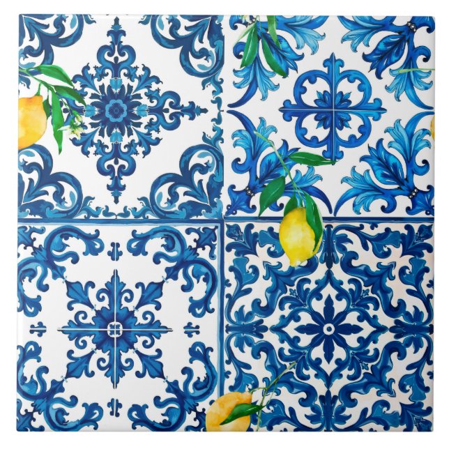 Azulejo De Cerâmica estilo italiano,Mediterrâneo,mosaico,azul,limão (Frente)