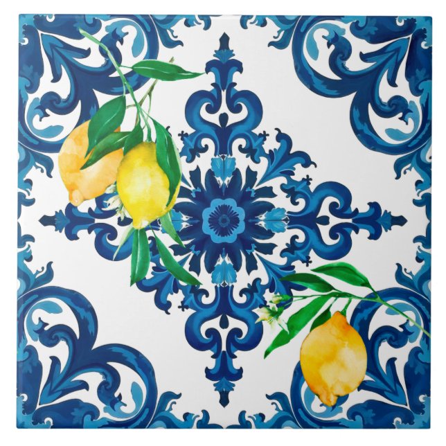 Azulejo De Cerâmica estilo italiano,mosaico,azul,limão (Frente)