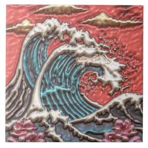 Azulejo De Cerâmica Estilo Japaneo Grande Onda Salva Sala-de-cereja Sa