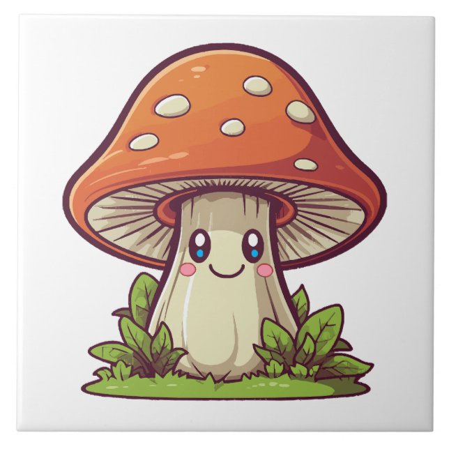 Azulejo De Cerâmica Estilo kawaii bonito, forragem de Mushroom (Frente)