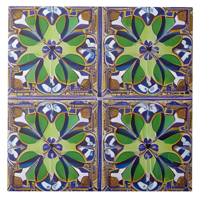 Azulejo De Cerâmica Estilo marroquino Simulado Azul e Verde do Mosaico (Frente)
