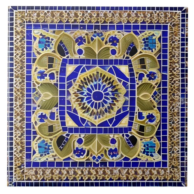 Azulejo De Cerâmica Estilo marroquino Simulado Azul Mosaico e Dourado (Frente)