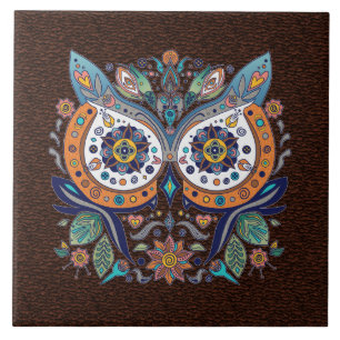Azulejo De Cerâmica Estilo Mexicano Gráfico Rosto Coruja Folha Floral