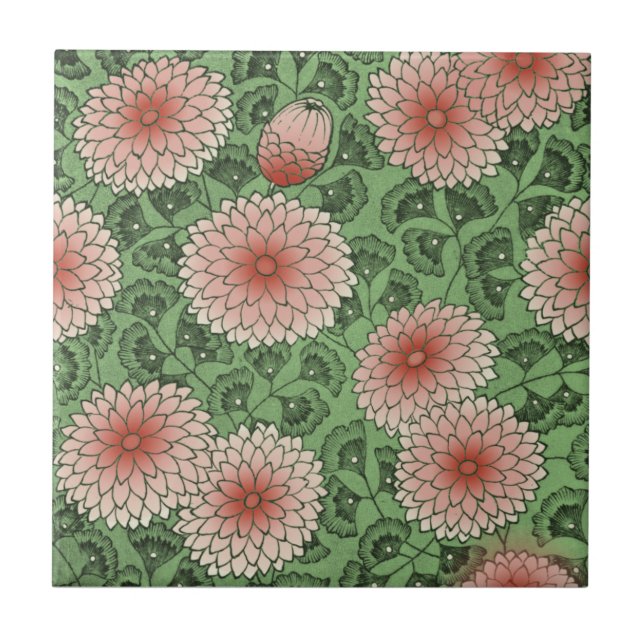Azulejo De Cerâmica Estilo Morris Verde Rosa Chrysanthemum Repro (Frente)