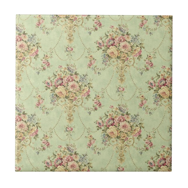 Azulejo De Cerâmica Estilo Vitoriano Verde Francês Floral Rococo (Frente)