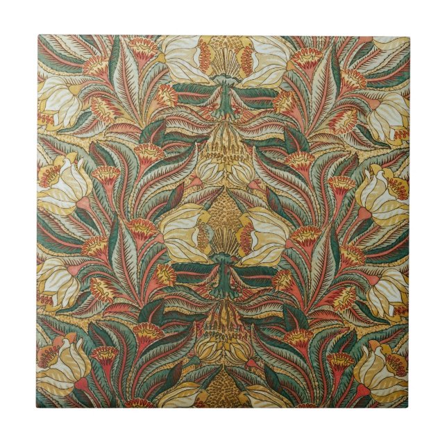 Azulejo De Cerâmica Estilo William Morris Rosa Verde Botânico (Frente)
