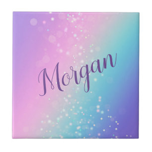 Azulejo De Cerâmica Estrela Bokeh Roxa e Azul com Nome ou Monograma El