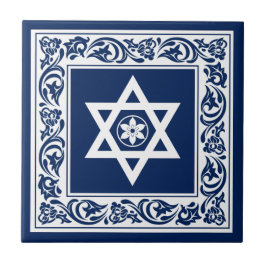 Azulejo De Cerâmica Estrela de Davi Judaica Branca com Barroco Azul