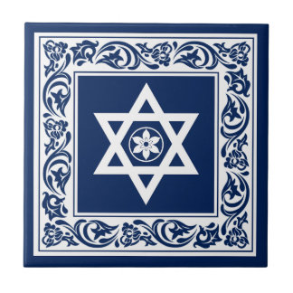 Azulejo De Cerâmica Estrela de Davi Judaica Branca com Barroco Azul