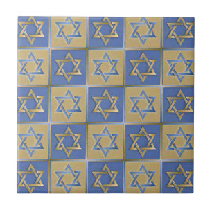 Azulejo De Cerâmica Estrela de Davi Judaica Metal Dourado Azul