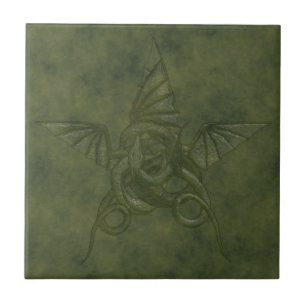 Azulejo De Cerâmica Estrela do dragão - imagem de couro verde gravada