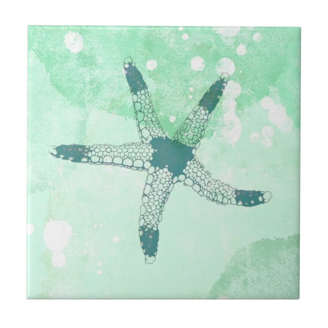 Azulejo De Cerâmica Estrela-do-Mar Azul Aguarela Praiana (Frente)