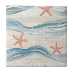 Azulejo De Cerâmica Estrela-do-mar Azul Oceano Praia Aquarela