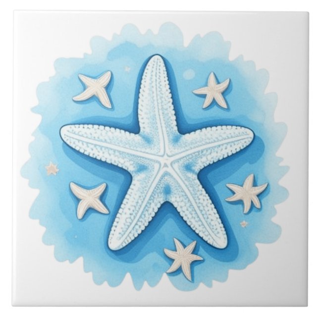 Azulejo De Cerâmica Estrela-do-mar em Azul (Frente)