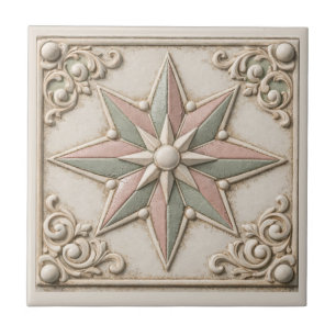 Azulejo De Cerâmica Estrela Rústica em Verde Salvia e Bege Toscano