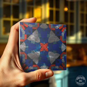 Azulejo De Cerâmica Estrela Vermelha Vibrante com Acentos Azuis Suaves