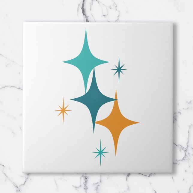 Azulejo De Cerâmica Estrelas Atômicas de Meados do Século Branco Teal  (Mid Century Atomic Stars White Teal Aqua Orange Ceramic Tile)
