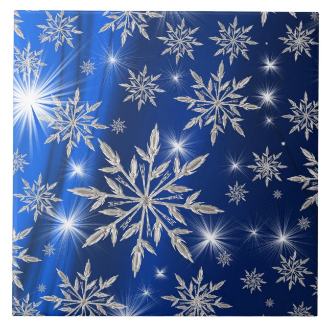 Azulejo De Cerâmica Estrelas azuis de Natal com cristal de gelo branco (Frente)