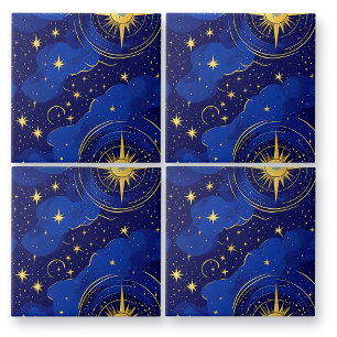 Azulejo De Cerâmica Estrelas Azuis e Douradas da Astrologia e Céu
