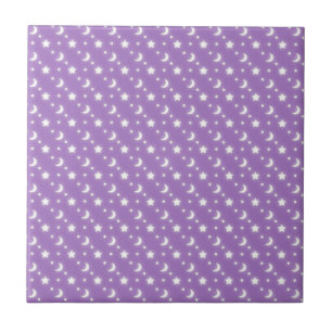 Azulejo De Cerâmica Estrelas Celestiais e Luas no Padrão Roxo
