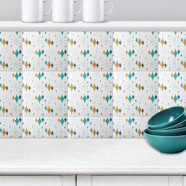 Azulejo De Cerâmica Estrelas de Starburst Retroativas Padrão Laranja A (Retro Starburst Stars Pattern Orange Teal Aqua Ceramic Tile)