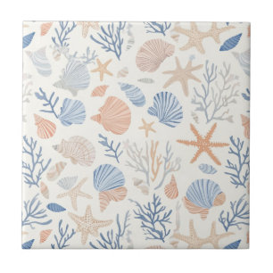 Azulejo De Cerâmica Estrelas-do-Mar Conchas Marinhas Azuis Pêssego Cre