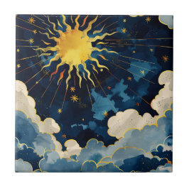 Azulejo De Cerâmica Estrelas do Sol Celestiais Modernas e Nuvens Azuis