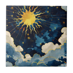 Azulejo De Cerâmica Estrelas do Sol Celestiais Modernas e Nuvens Azuis
