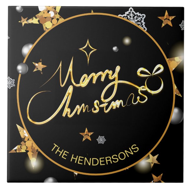 Azulejo De Cerâmica Estrelas Douradas de Metálico Preto do Luxo Person (Frente)