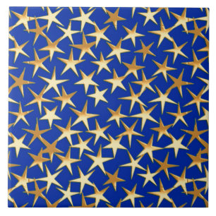 Azulejo De Cerâmica Estrelas Dourados em azuis cobaltos