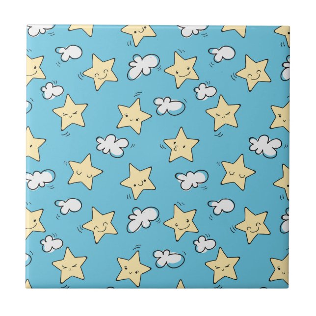 Azulejo De Cerâmica Estrelas e nuvens brancas | Céu azul (Frente)