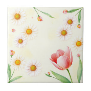 Azulejo De Cerâmica Estrelas e Tulipas de Pastel de Aquarelas