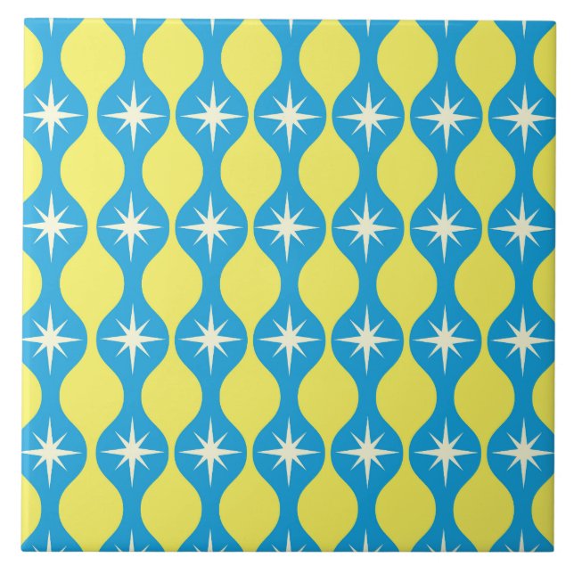 Azulejo De Cerâmica Estrelas Explosivas do Meio do Século em Azul sobr (Frente)