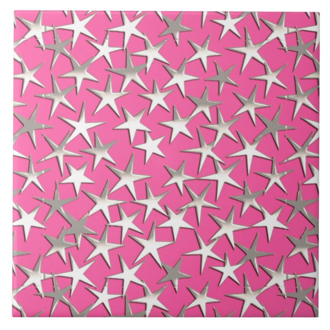 Azulejo De Cerâmica Estrelas prateadas de rosa fuchsia (Frente)