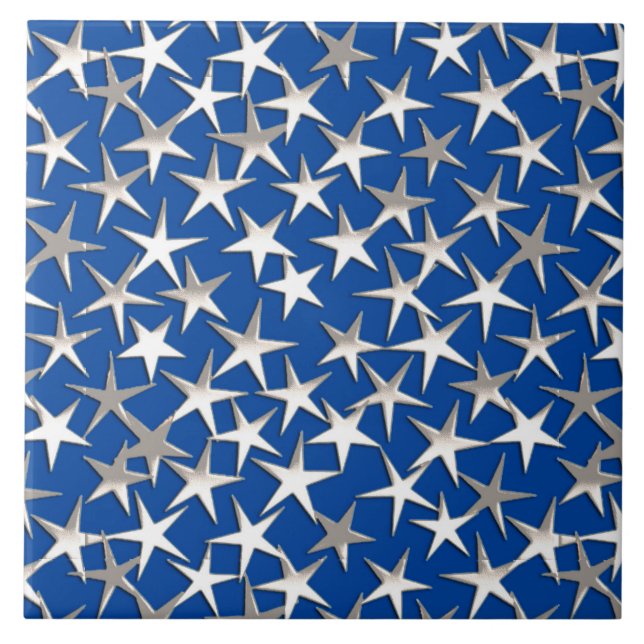 Azulejo De Cerâmica Estrelas prateadas em azul cobalto (Frente)