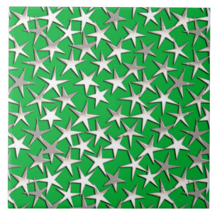 Azulejo De Cerâmica Estrelas prateadas em verde esmeralda