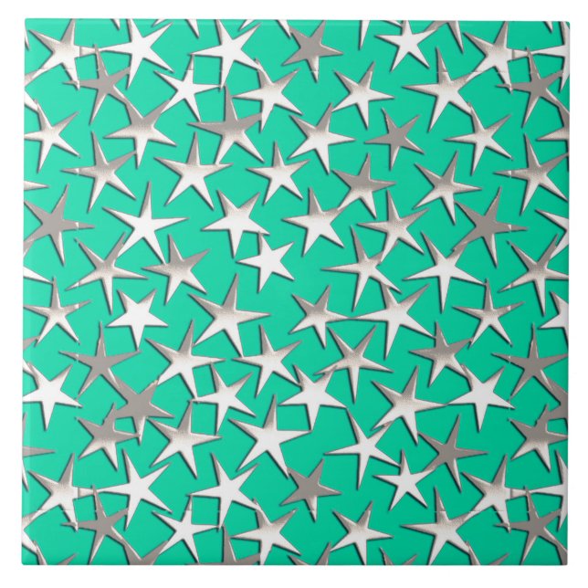 Azulejo De Cerâmica Estrelas prateadas na turquesa (Frente)