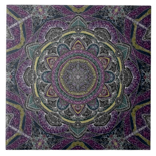 Azulejo De Cerâmica Estrelas sagrados e laço da mandala roxos e preto