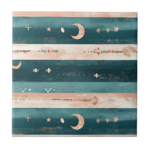Azulejo De Cerâmica Estrelas Tribais Clay & Teal e Faixa da Lua