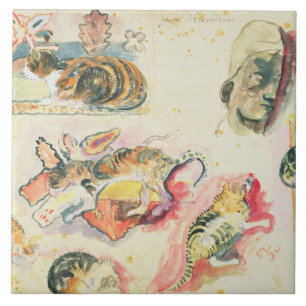 Azulejo De Cerâmica Estudo de Paul Gauguin dos gatos e de uma cabeç