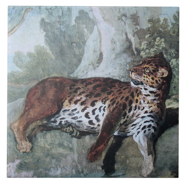 Azulejo De Cerâmica Estudo de um Leopardo (por Jean-Baptiste Oudry) (Frente)