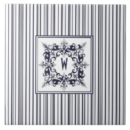 Azulejo De Cerâmica Etiqueta de Vintagem de Stripe Azul marinho e Mono
