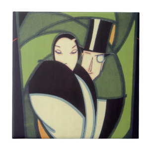 Azulejo De Cerâmica Etiqueta vegetal do chapéu de coco do vintage,