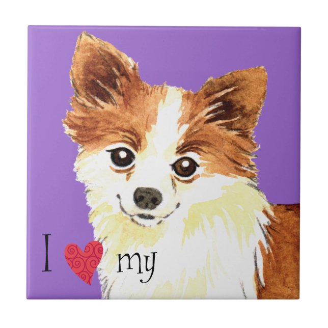 Azulejo De Cerâmica Eu amo meu longo Casaco Chihuahua (Frente)