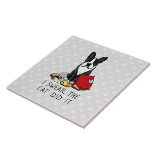 Azulejo De Cerâmica Eu juro, o gato fez isso Boston Terrier (preto)
